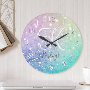 Pastel Glitter Bokeh BackgroundGlam Elegant Glitte Round Clock