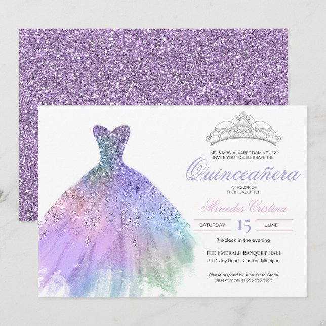 Pastel Glitter Mermaid Unicorn Rainbow Quinceañera Invitation (Front/Back)