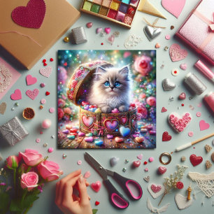 Pastel Glitter Ragdoll Cat Candy Hearts Valentine Holiday Card