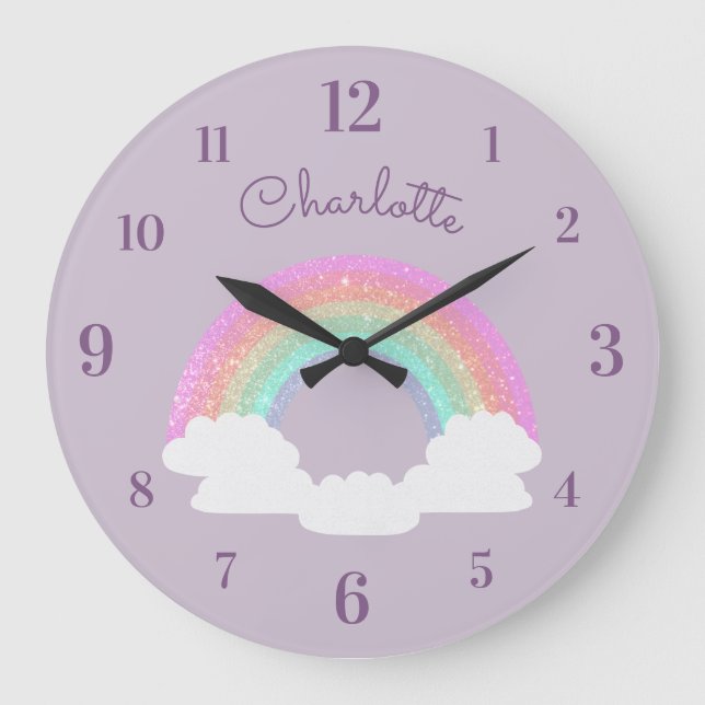 Pastel Glitter Rainbow with Custom Name on Purple Large Clock (Front)