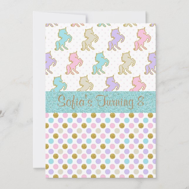 Pastel Glitter Unicorn Polka Dot Party Invitations (Front)