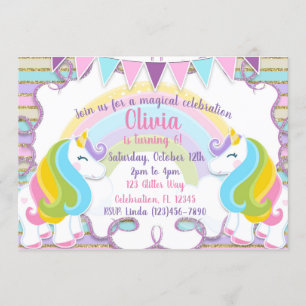 Pastel Glitter Unicorns Girls Birthday Invitation