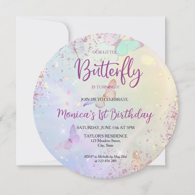 Pastel Glittter Butterfly Baby Girls 1st Birthday  (Front)