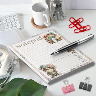 Pastel Gnome & Mushroom – Floral Spring Design Notepad