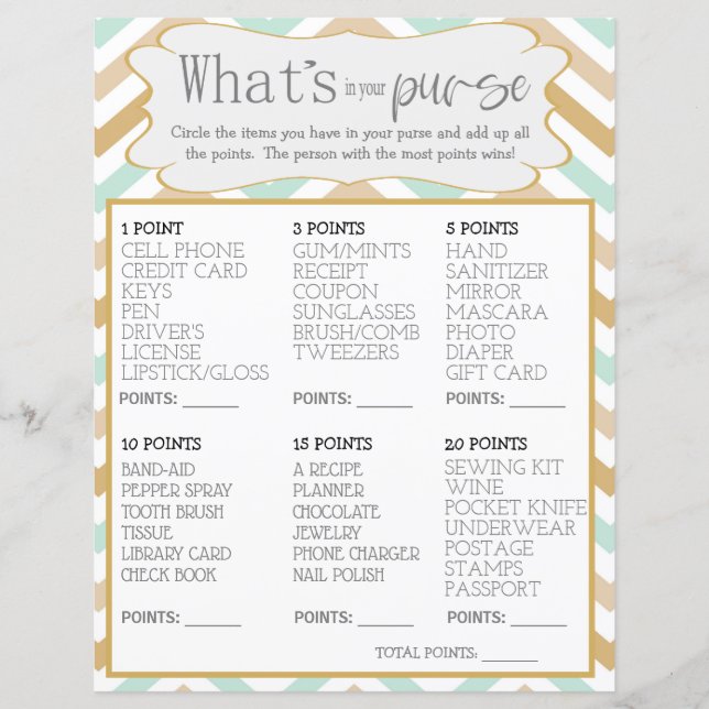 Pastel Gold and Green Zig Whats In Your Purse (Front)