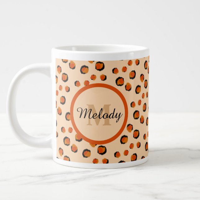 Pastel & Gold cheetah Animal Print Monogram  Large Coffee Mug (Left)