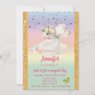 Pastel Gold Child's Gold Unicorn Pegasus Rainbow Invitation