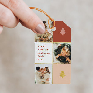 Pastel & Gold Christmas Tree 3 Photo Collage Gift Tags