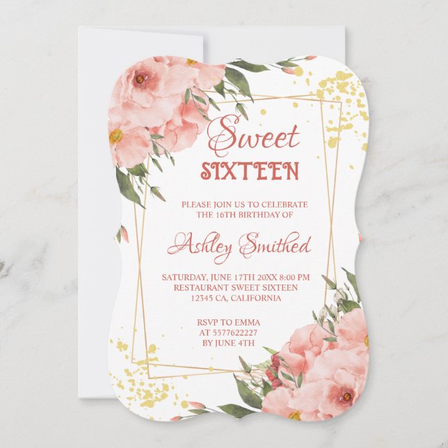 pastel gold floral watercolor Sweet 16 birthday (Front)
