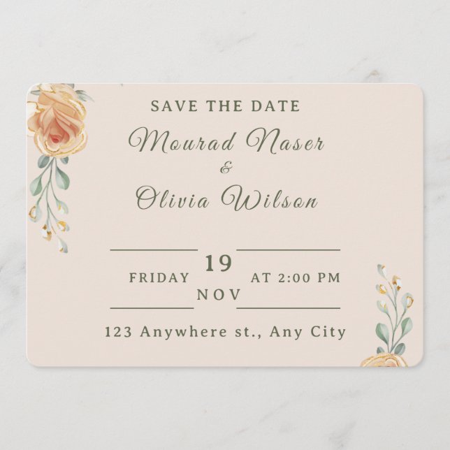 Pastel Gold Floral Wedding Save the Date Card (Front)