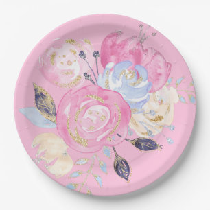 Pastel Gold Glitter Flower Paper Plate