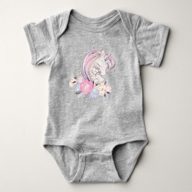 Pastel Gold Glitter Unicorn and Baby with Flowers  Bodysuit (Front)