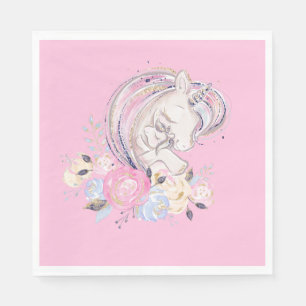 Pastel Gold Glitter Unicorn and Baby with Flowers Napkin