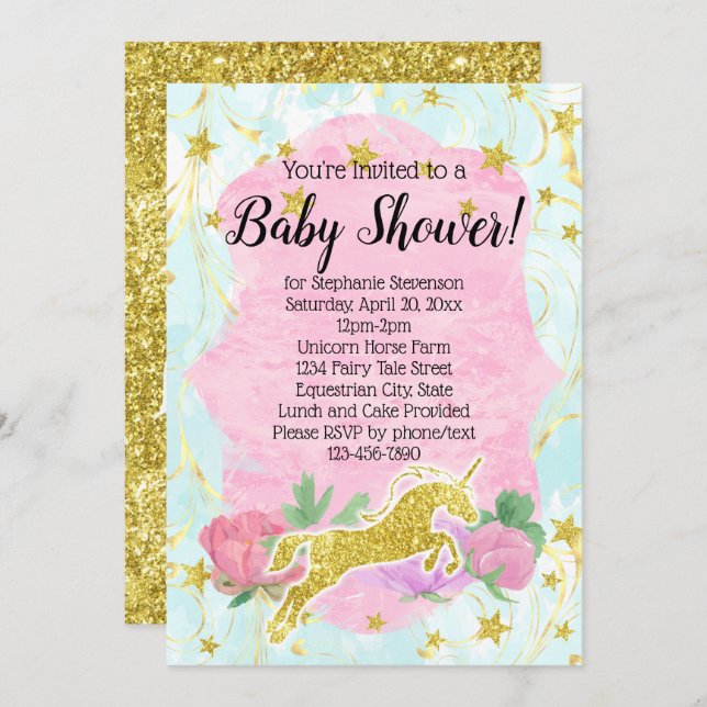 Pastel Gold Unicorn Baby Shower Invitation (Front/Back)