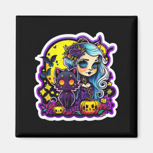 Pastel Goth Girl Black Cat Halloween Art Magnet