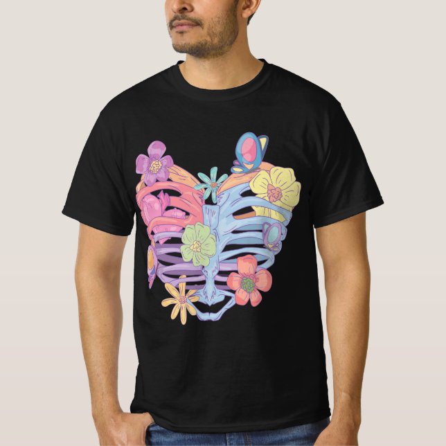 Pastel Goth Heart Ribcage with Butterflies & Flowe T-Shirt (Front)