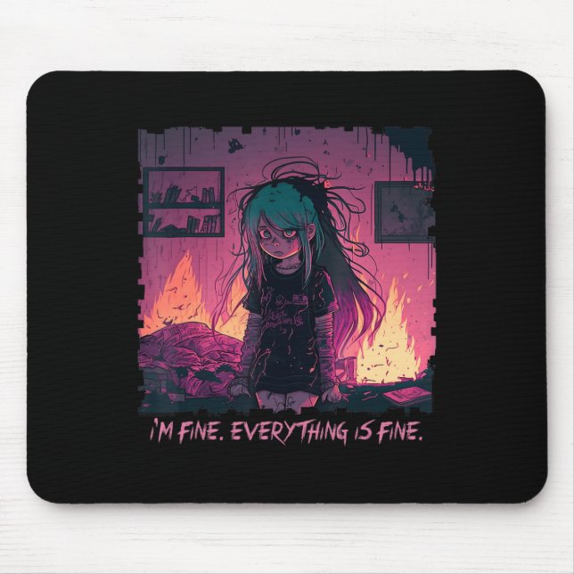 Pastel Goth Menhera I'm Fine Sad Anime Girl Creepy Mouse Pad (Front)