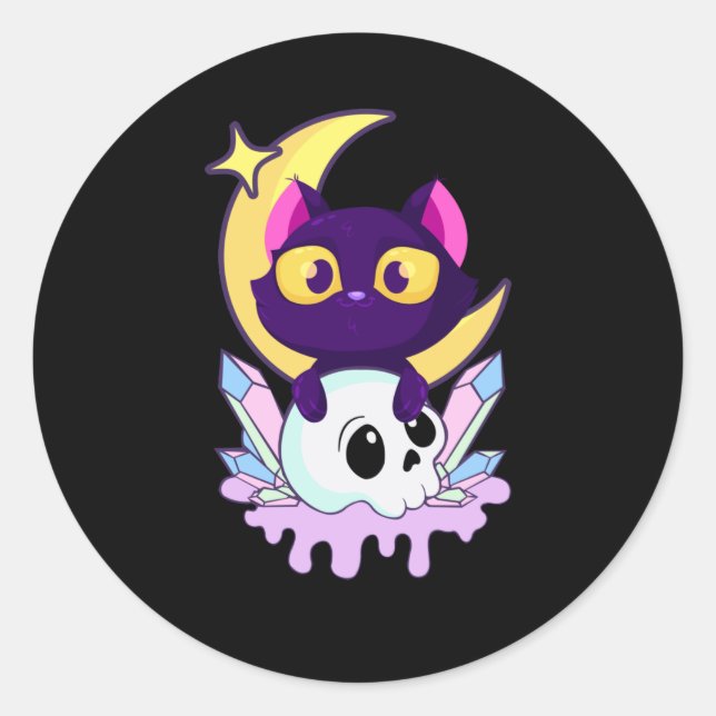 Pastel Goth Moon Wiccan Animal Cat Skull Classic Round Sticker (Front)
