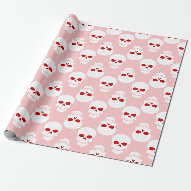 pastel goth pink red halloween skull skeleton wrapping paper (Unrolled)