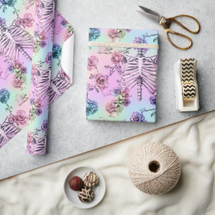 Pastel Goth Rainbow Floral Skeleton Rib Cage Wrapping Paper