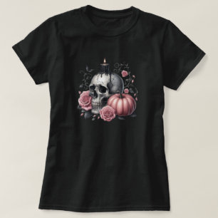 Pastel Goth Skull Candle with Roses and Pumpkin Te T-Shirt