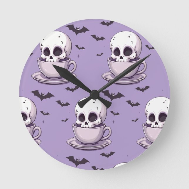Pastel Goth Skull in Teacup Round Clock (Front)