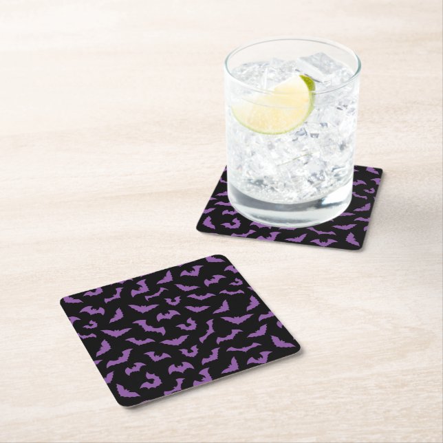Pastel goth spooky bats purple black square paper coaster (Insitu)
