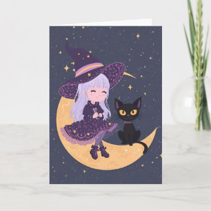 Pastel Goth Witch and Cat Halloween Card 5x7 