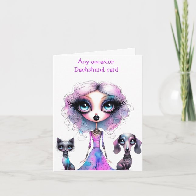 Pastel Gothic Girl with Dachshund and Cat Card (Front)