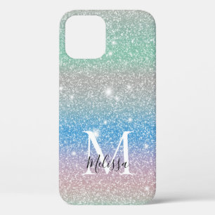 Pastel Gradient Glitter Sparkle Monogram Name iPhone 12 Case