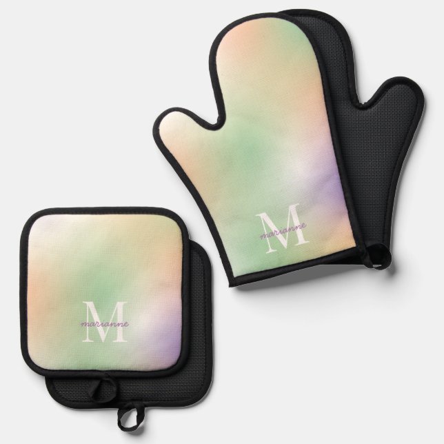 Pastel Gradient Monogram Name Initial Plain Custom Oven Mitt & Pot Holder Set (Front/Back)