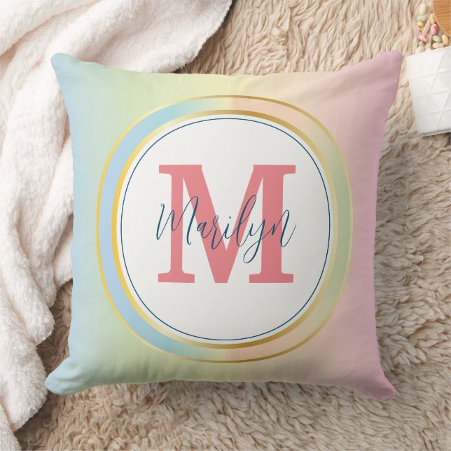 Pastel Gradient Name & Monogram Throw Pillow (Blanket)