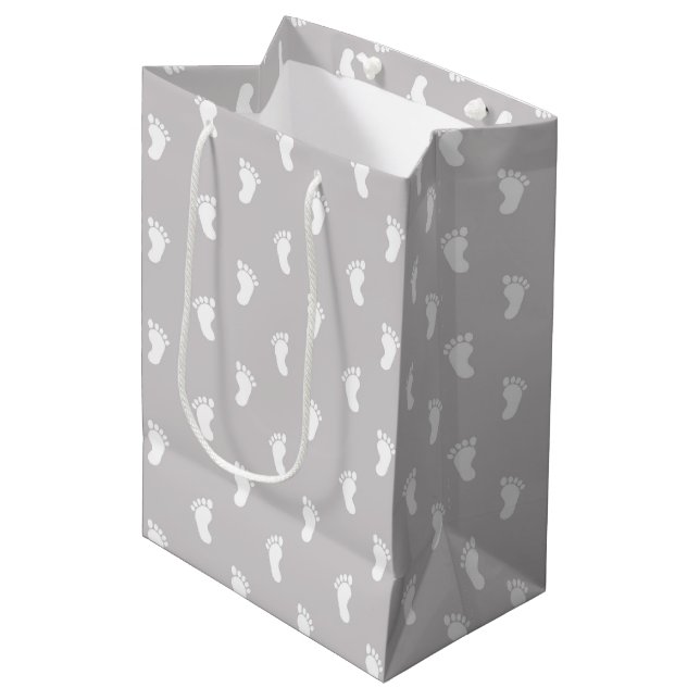 PASTEL GRAY ROWS OF BABY FEET MEDIUM GIFT BAG (Front Angled)