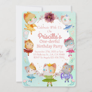 Pastel Green All Ballerina Cat Kids Birthday Party Invitation
