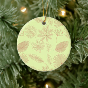 Pastel Green and Beige Leaves Pattern  Ceramic Ornament