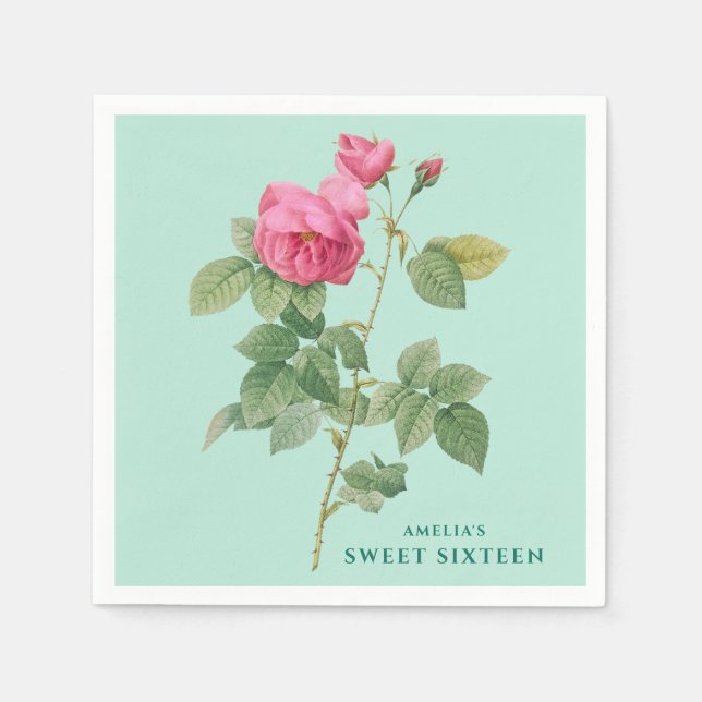 Pastel Green and Pink Rose Vintage Botanical Napkin (Front)