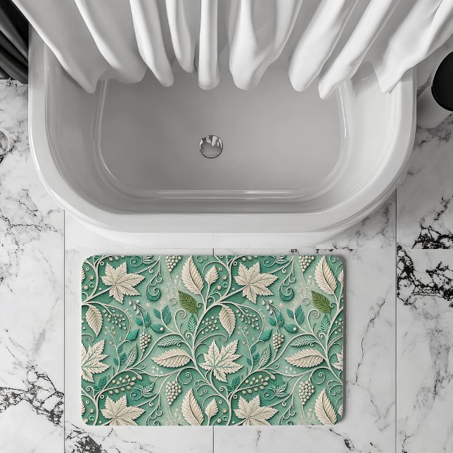 Pastel Green Beige Vintage Botanical Pattern Bath Mat (Creator Uploaded)