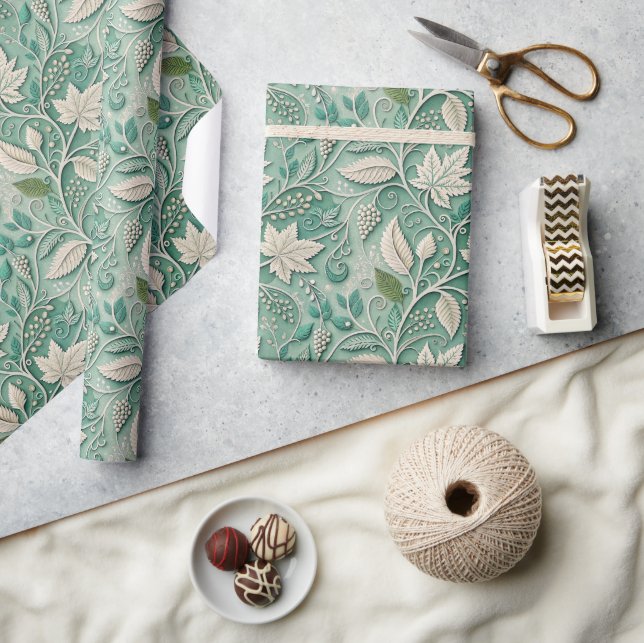 Pastel Green Beige Vintage Botanical Pattern Wrapping Paper (Crafts)