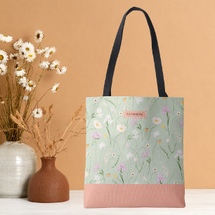 Pastel Green Boho Chic Floral  Tote Bag