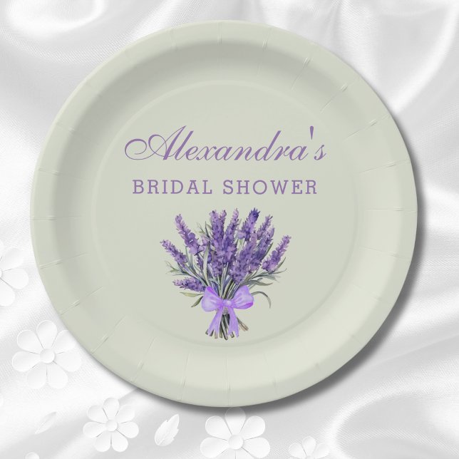 Pastel Green Bow Flowers Lavender Bridal Shower Paper Plate (Creator Uploaded)