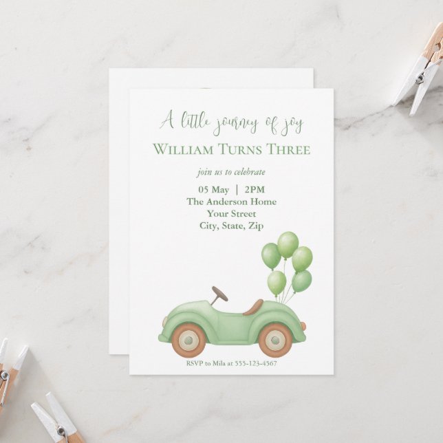 Pastel Green Car & Balloon Birthday Invitatio Invitation (Front/Back In Situ)