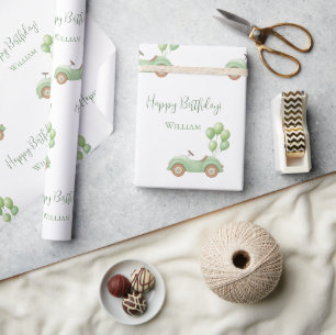 Pastel Green Car & Balloon Wrapping Paper