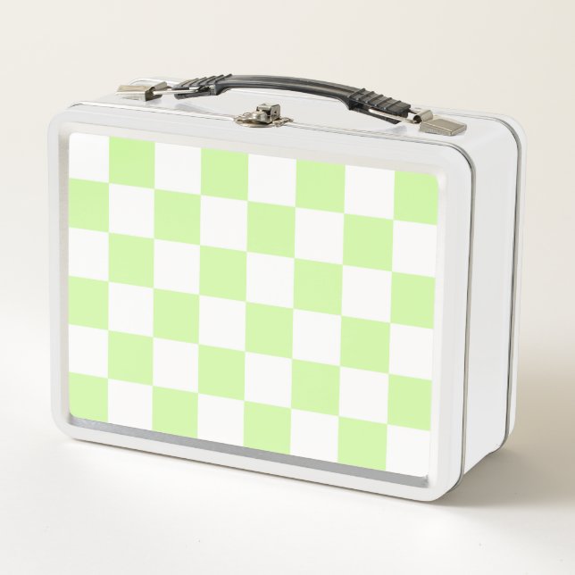 Pastel Green Chequered Gingham Pattern Metal Lunch Box (Front)