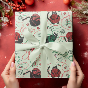 Pastel Green Christmas Peace and Love Yarn Kitties Wrapping Paper