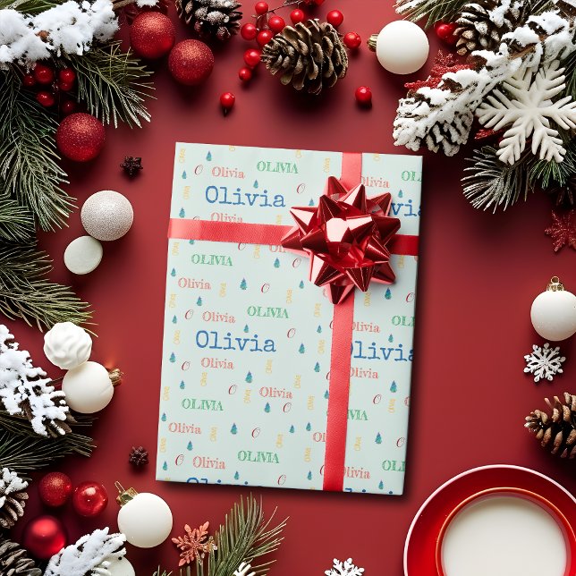 Pastel Green Christmas Repeating Name Personalised Wrapping Paper (Creator Uploaded)