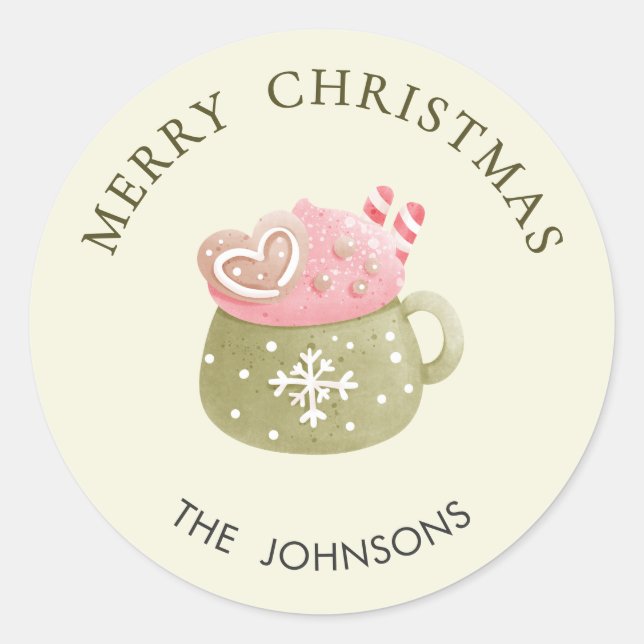 Pastel Green Cocoa Mug Merry Christmas Classic Round Sticker (Front)
