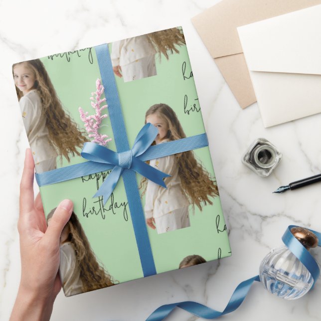 Pastel Green & Custom Birthday text and photo - Wrapping Paper (Gifting)