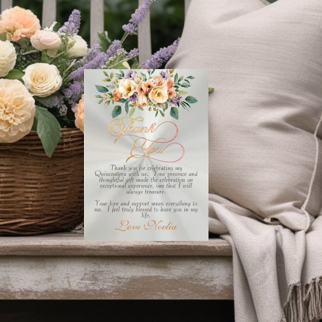 Pastel Green - Floral & Silver Tiara Quinceanera Thank You Card (Creator Uploaded)