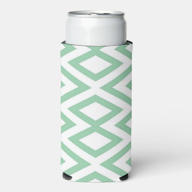 Pastel green geometric pattern white seltzer can cooler (Seltzer Front)