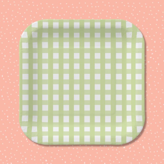 Pastel Green Gingham Check Pattern Paper Plate (Creator Uploaded)